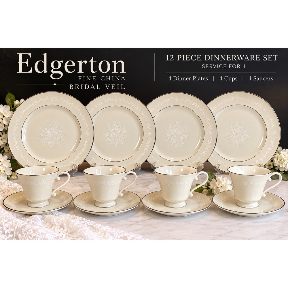 Edgerton Bridal Veil Fine China 12 Piece Dinnerware Set Service for 4 USA